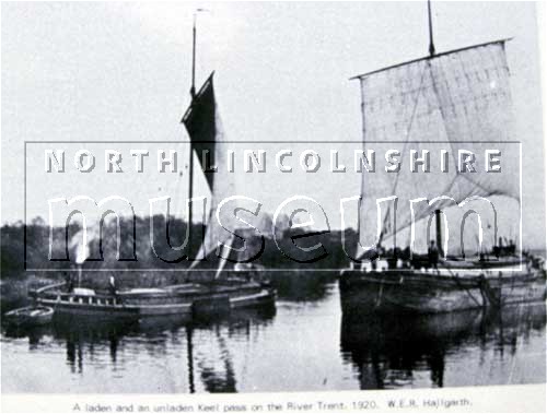 Sailing barges known as 'Humber Keels' on the River Trent at Burton-upon-Stather 	