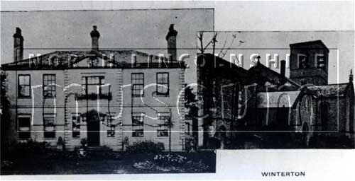 Post card showing two views of Winterton; the Hall, West Street, and All Saints Church 	