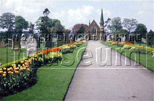 Flower beds in Brumby Cemetery, Scunthorpe, looking towards the Mortuary Chapel in July 1966 	