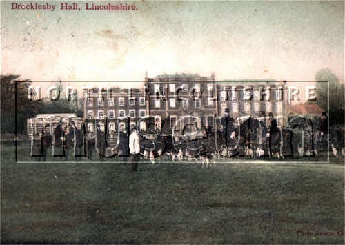 Brocklesby Hall with a meeting of the Brocklesby Hunt on the lawn outside, c.1910 	