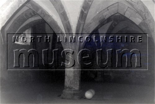 Vaulted undercroft of the Medieval Hall adjoining Goxhill Hall, South End, Goxhill in March 1985 	