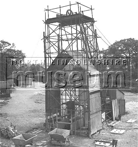 Santon Mining Company record photograph, Winn Shaft, view of the temporary tubular steel sinking headgear, 20 July 1939 	