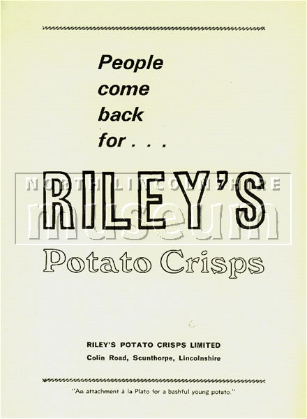 Advertisement for Riley's Potato Crisps Ltd, Colin Road, Scunthorpe, in 1966 	