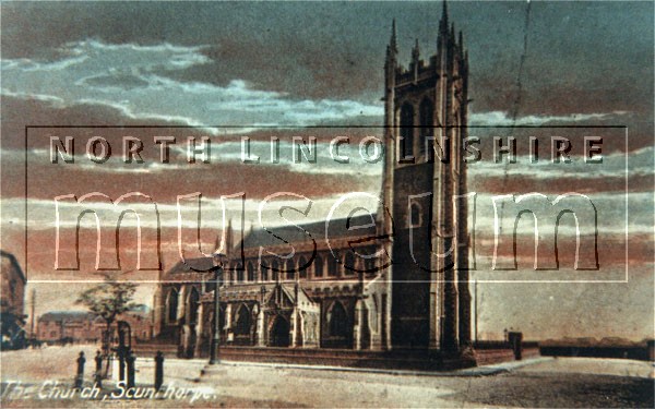 Hand-coloured view of St. John's Parish church, Scunthorpe from the north , in 1915 	