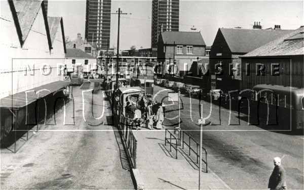 Scunthorpe's first bus station looking north towards Market Hill and Crosby Flats in the final days before demolition in 1968 	