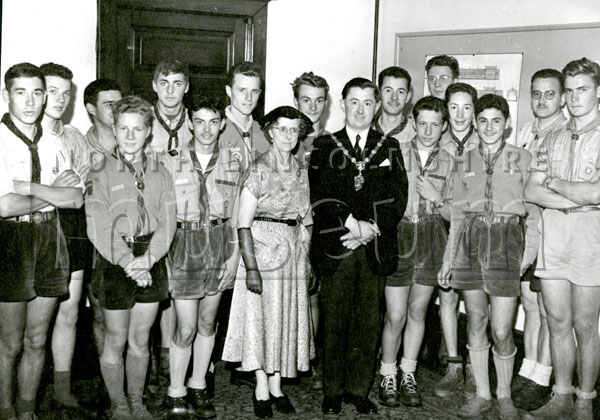 Mayor Gerard McQuade and Mayoress Catherine McQuade with a local Scout group, c.1957-1958.